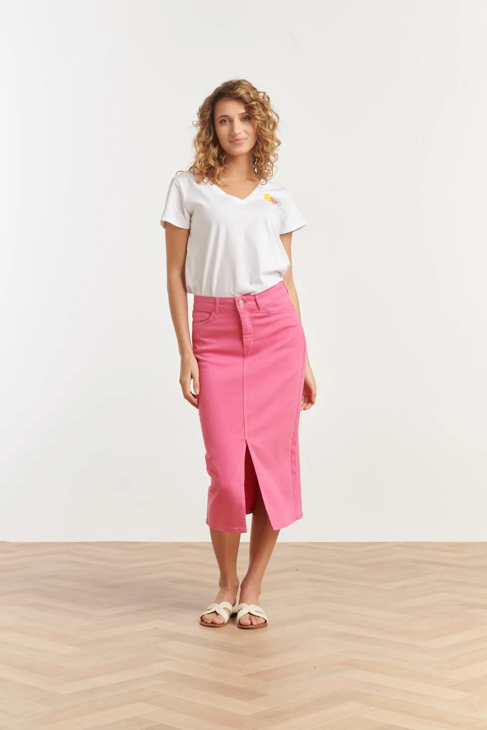 25205  Denim Midi Rok | Pink