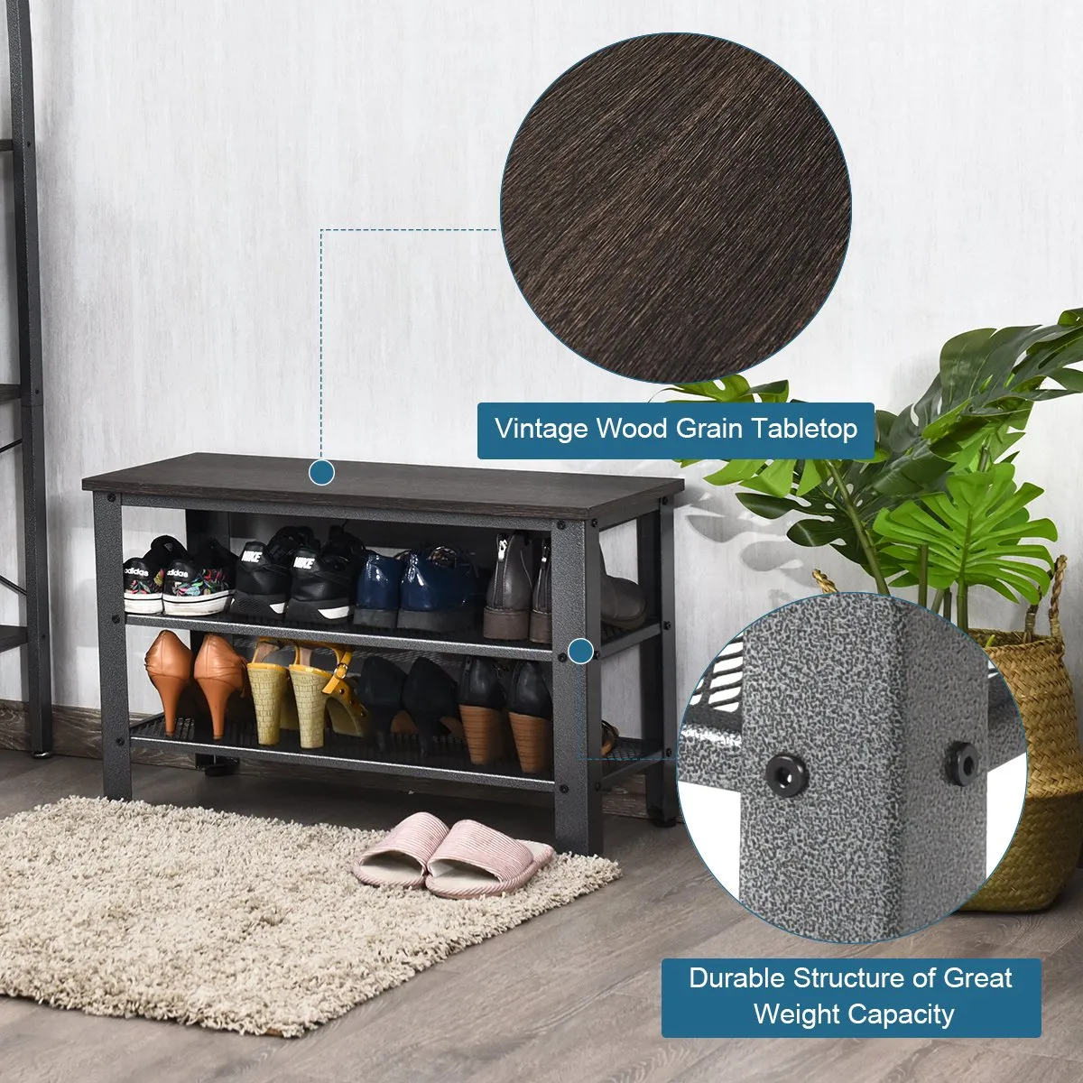 3-Tier Industrial Shoe Rack Bench with Storage Shelf-Grey