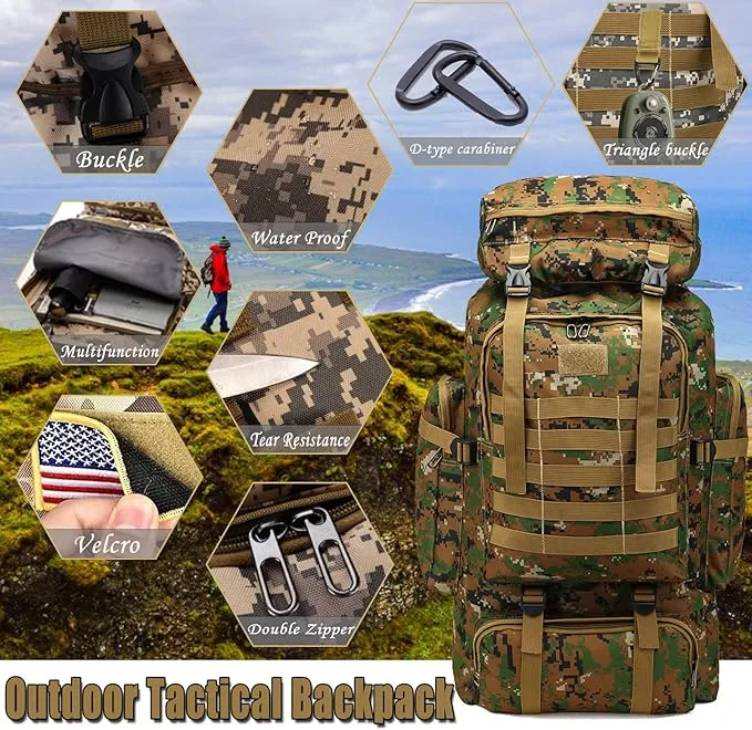 70L Waterproof Hiking Daypack Large Hiking Backpack, Hunting Camping Rucksack Backpack for Men Outdoor Sports Backpack (Green Camouflage)