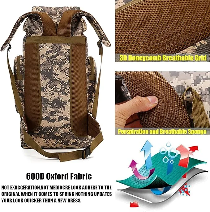 70L Waterproof Hiking Daypack Large Hiking Backpack, Hunting Camping Rucksack Backpack for Men Outdoor Sports Backpack (Green Camouflage)