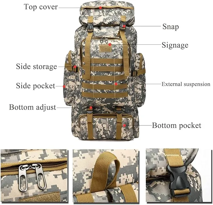 70L Waterproof Hiking Daypack Large Hiking Backpack, Hunting Camping Rucksack Backpack for Men Outdoor Sports Backpack (Green Camouflage)