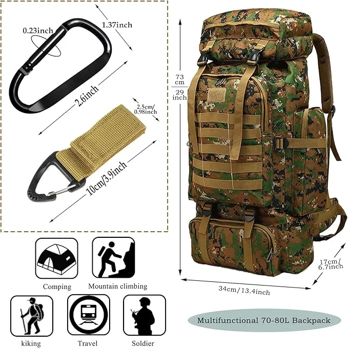 70L Waterproof Hiking Daypack Large Hiking Backpack, Hunting Camping Rucksack Backpack for Men Outdoor Sports Backpack (Green Camouflage)