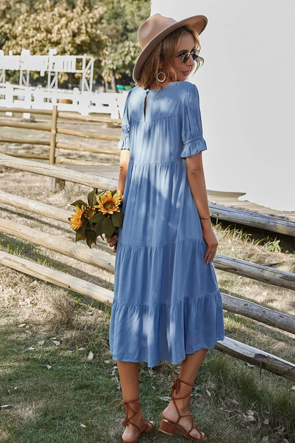 Boho Short Flounce Sleeve Midi Dress