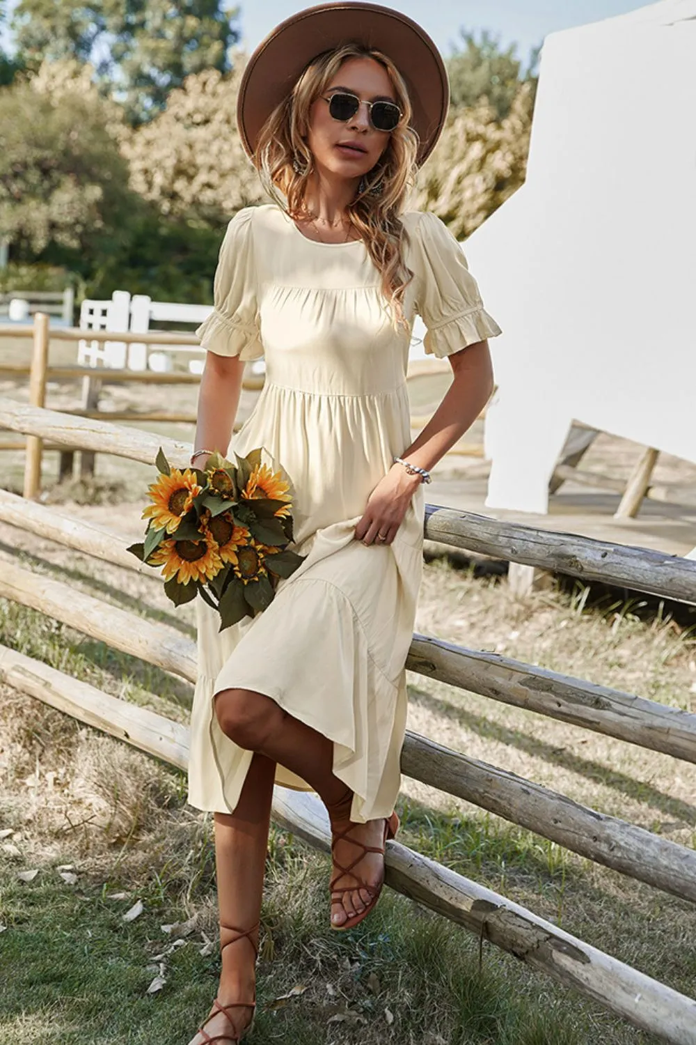 Boho Short Flounce Sleeve Midi Dress