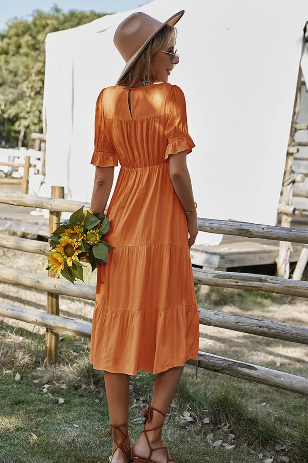 Boho Short Flounce Sleeve Midi Dress