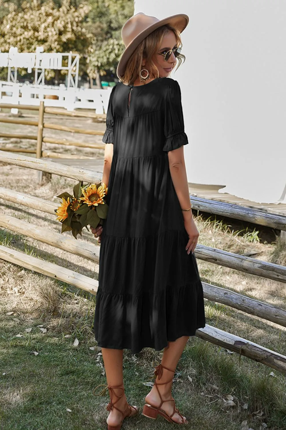 Boho Short Flounce Sleeve Midi Dress
