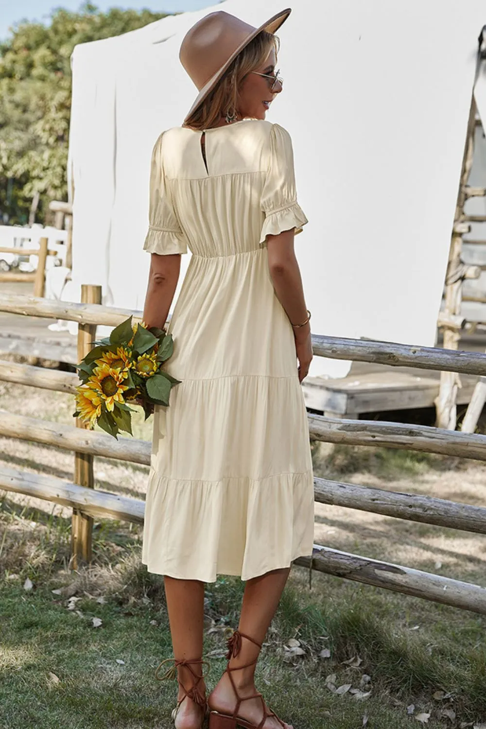 Boho Short Flounce Sleeve Midi Dress
