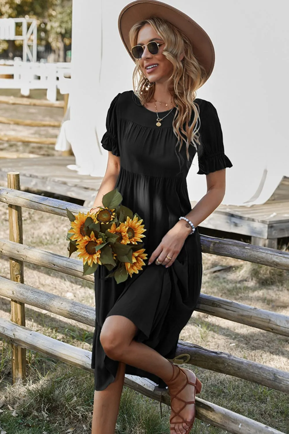 Boho Short Flounce Sleeve Midi Dress