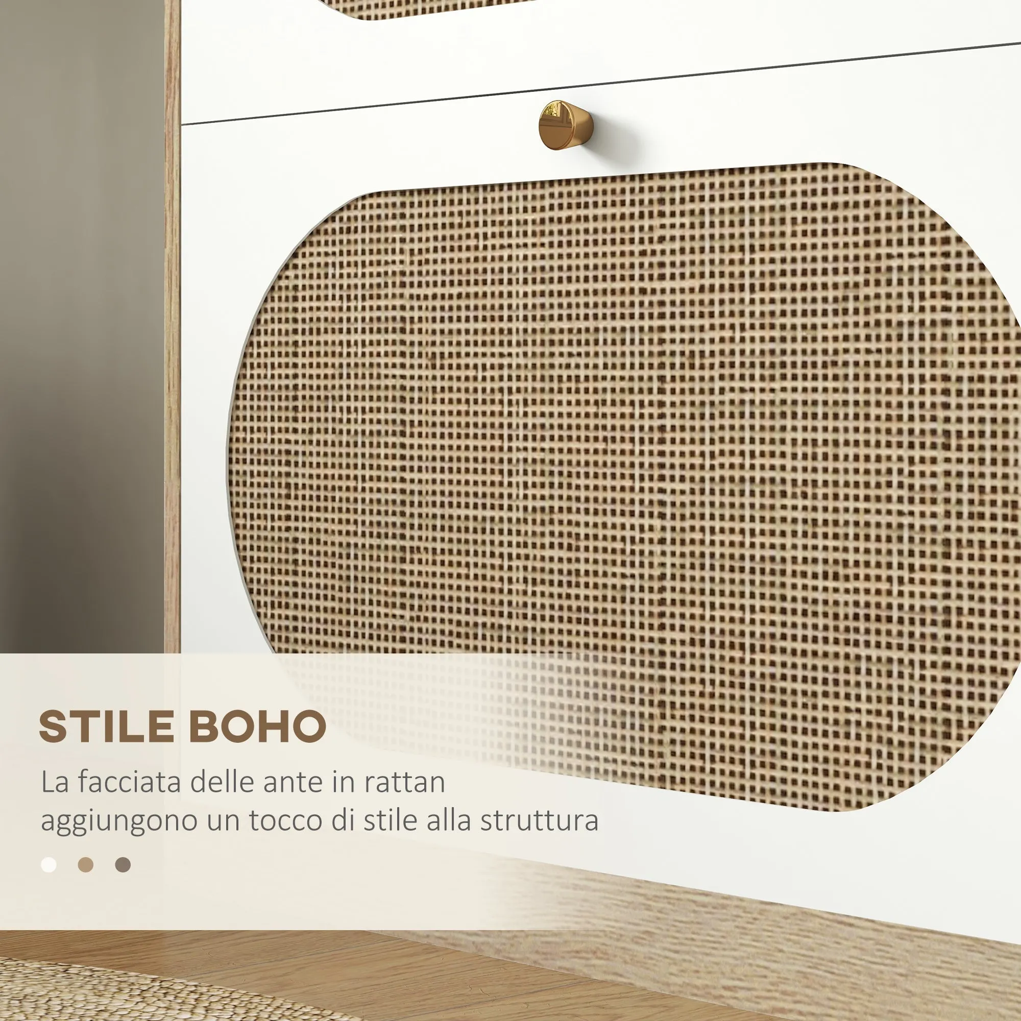 Boho Style Shoe Rack in Rattan, Chipboard and MDF with 3 Adjustable Shelves for 18 Pairs max, 60x24x115 cm