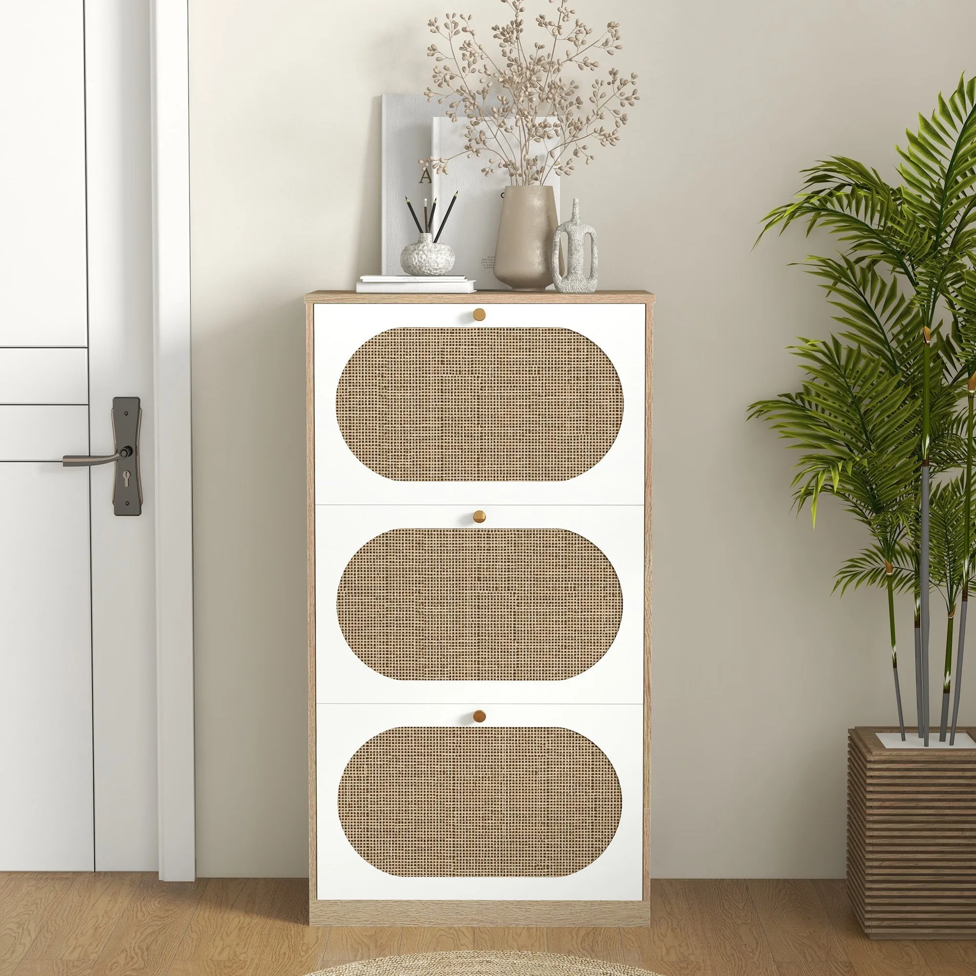 Boho Style Shoe Rack in Rattan, Chipboard and MDF with 3 Adjustable Shelves for 18 Pairs max, 60x24x115 cm