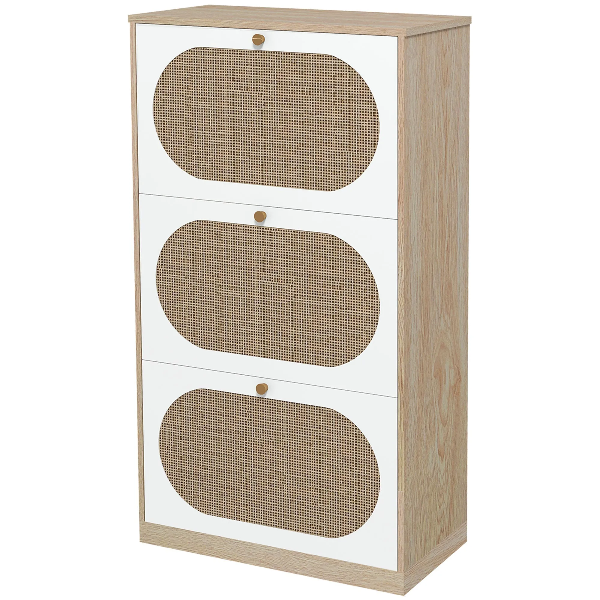 Boho Style Shoe Rack in Rattan, Chipboard and MDF with 3 Adjustable Shelves for 18 Pairs max, 60x24x115 cm