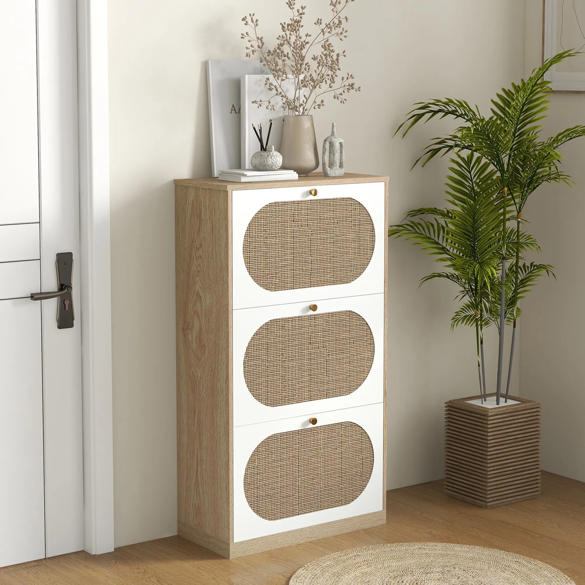 Boho Style Shoe Rack in Rattan, Chipboard and MDF with 3 Adjustable Shelves for 18 Pairs max, 60x24x115 cm