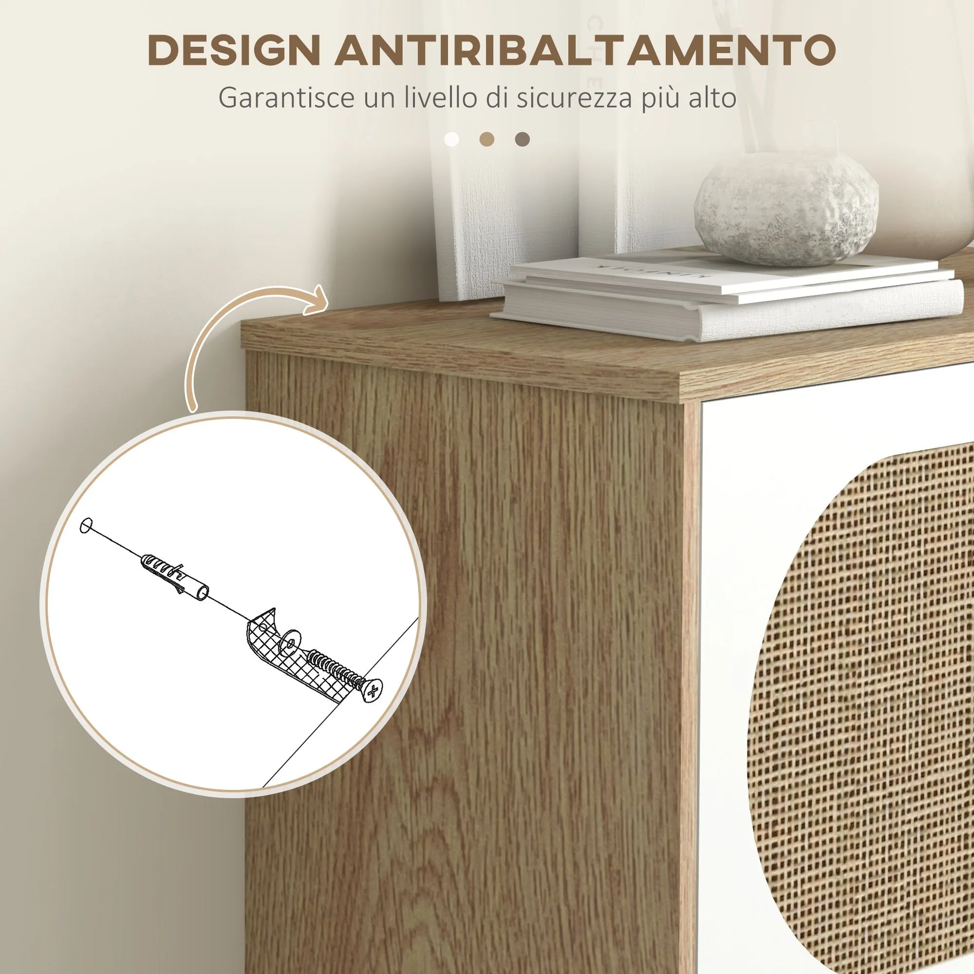 Boho Style Shoe Rack in Rattan, Chipboard and MDF with 3 Adjustable Shelves for 18 Pairs max, 60x24x115 cm