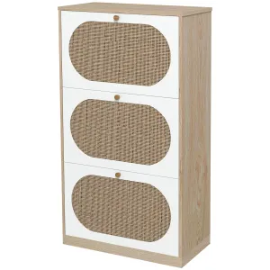 Boho Style Shoe Rack in Rattan, Chipboard and MDF with 3 Adjustable Shelves for 18 Pairs max, 60x24x115 cm