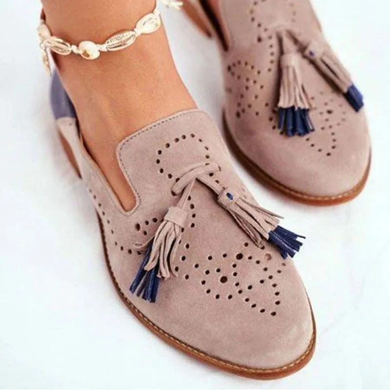 Breathable Suede Women Loafers Tassel Round Toe Leather Cushion Lazy Shoes