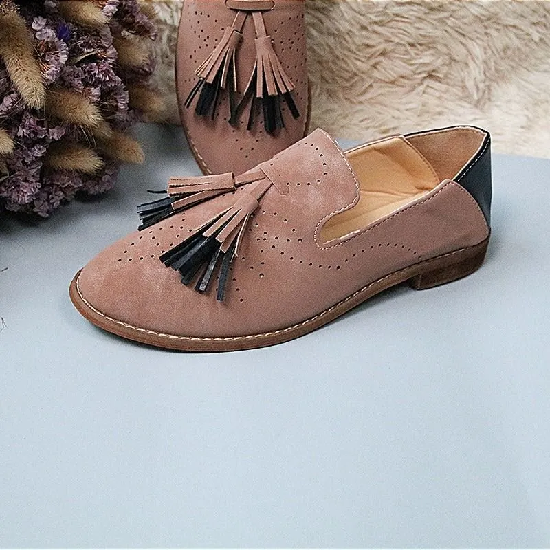 Breathable Suede Women Loafers Tassel Round Toe Leather Cushion Lazy Shoes