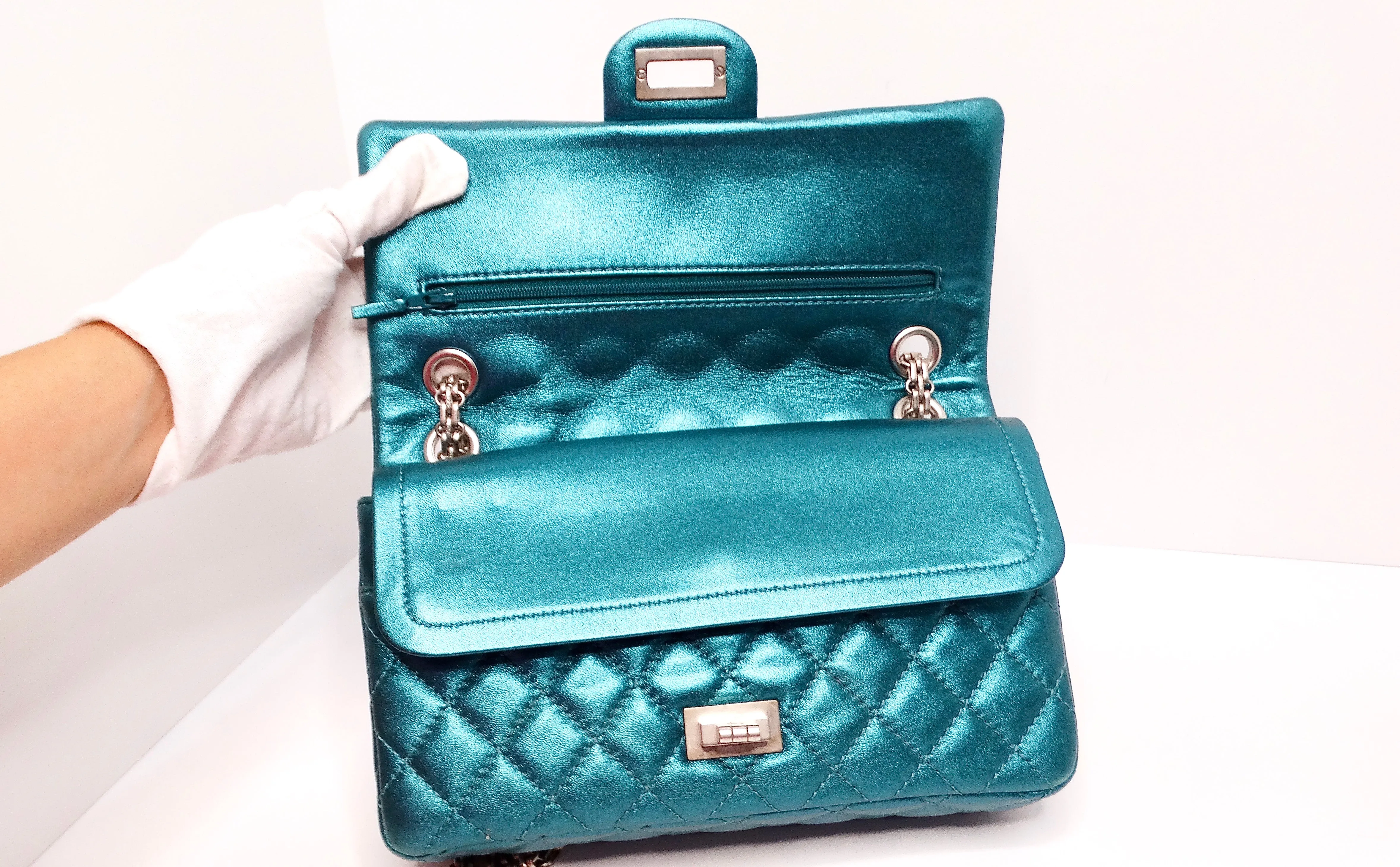Chanel 2008 Reissue 2.55 Mademoiselle Metallic Turquoise Leather Shoulder Bag