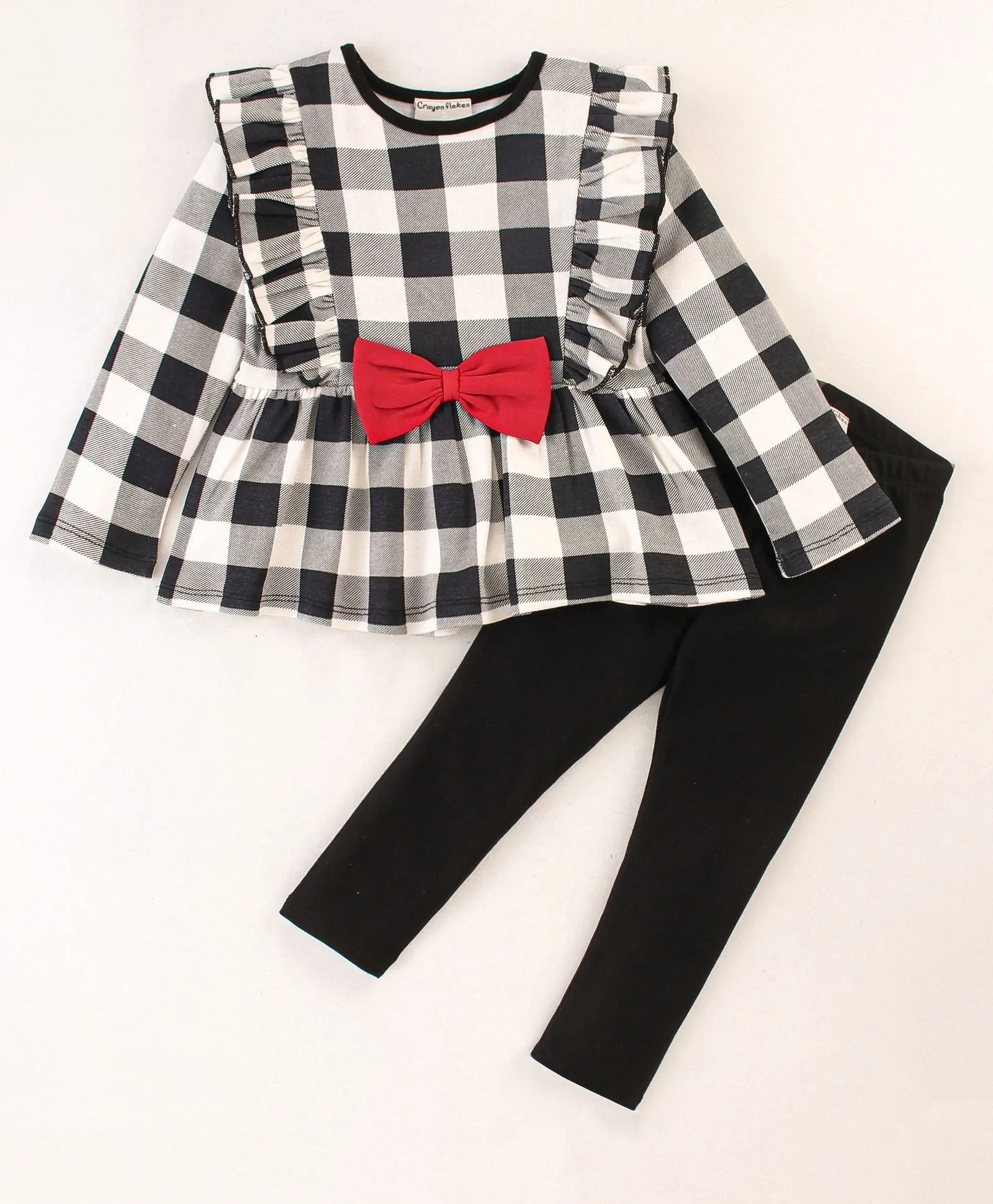 Checkered Print Frilled Top Leggings Set