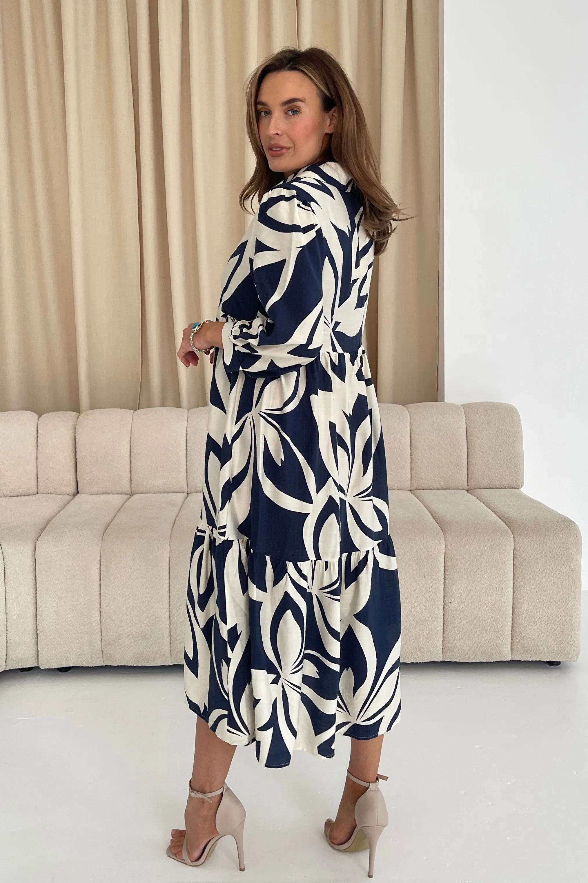 Emery 3/4 Sleeve Smock Maxi Shirt Dress Navy