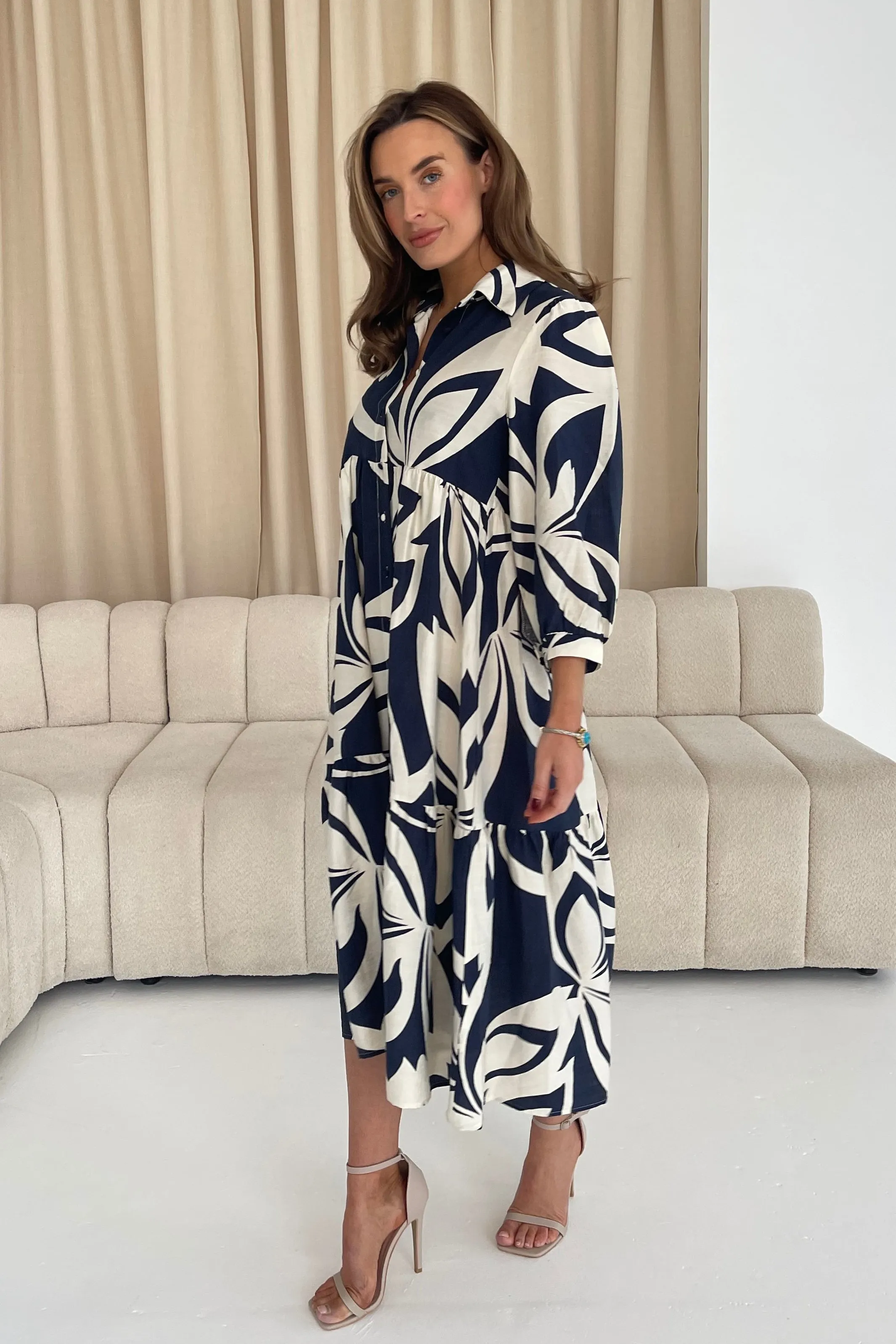 Emery 3/4 Sleeve Smock Maxi Shirt Dress Navy