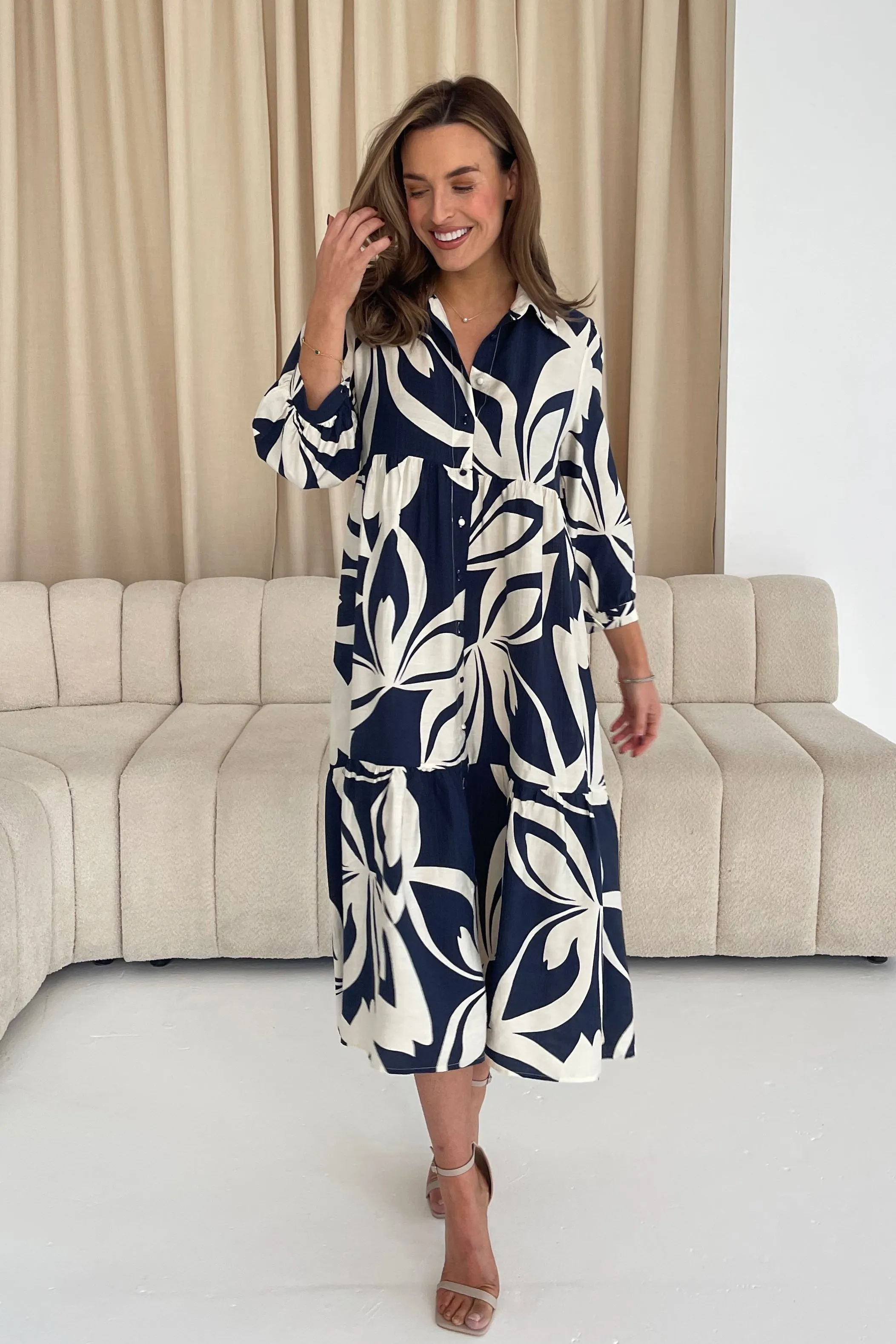 Emery 3/4 Sleeve Smock Maxi Shirt Dress Navy