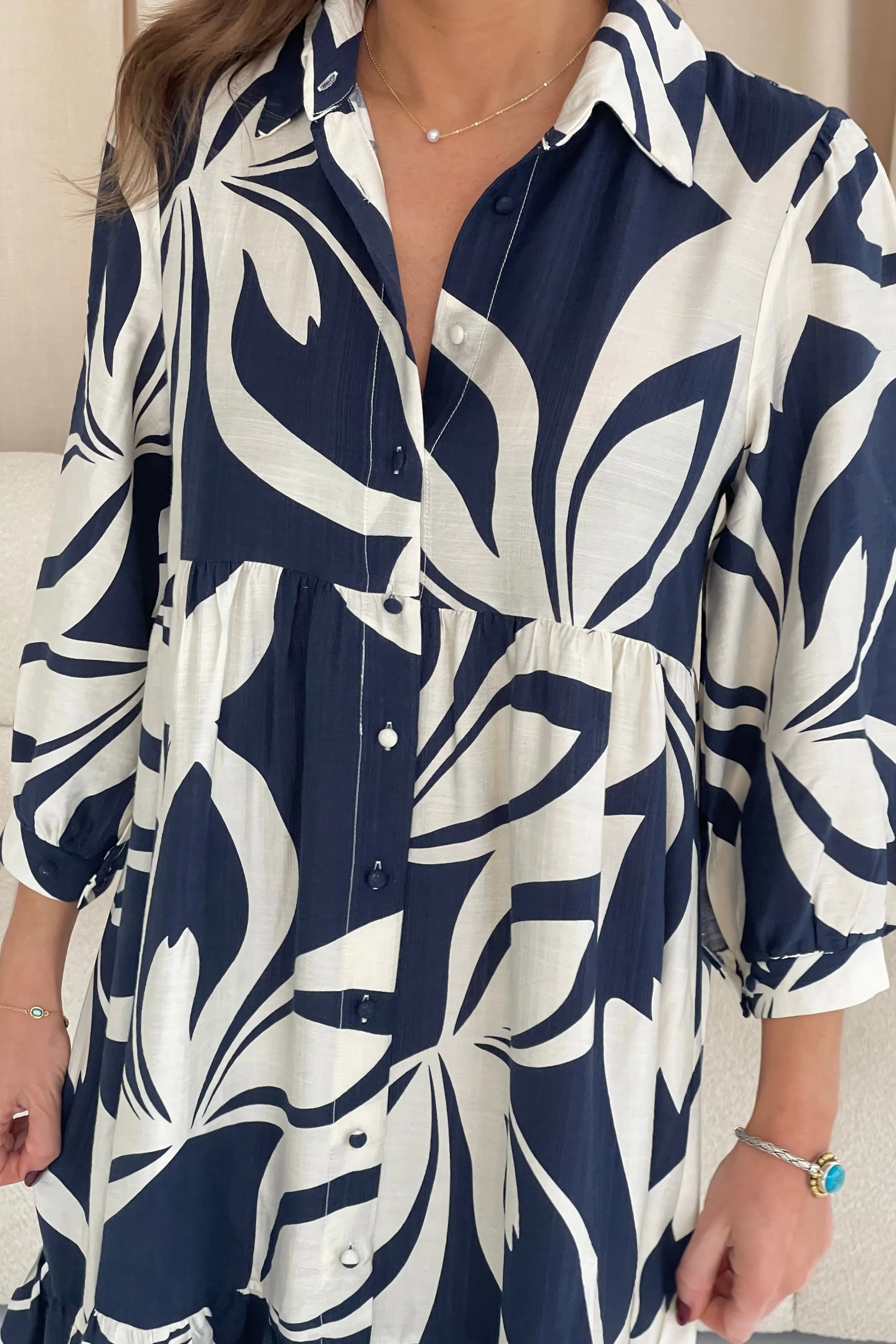 Emery 3/4 Sleeve Smock Maxi Shirt Dress Navy