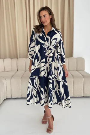Emery 3/4 Sleeve Smock Maxi Shirt Dress Navy
