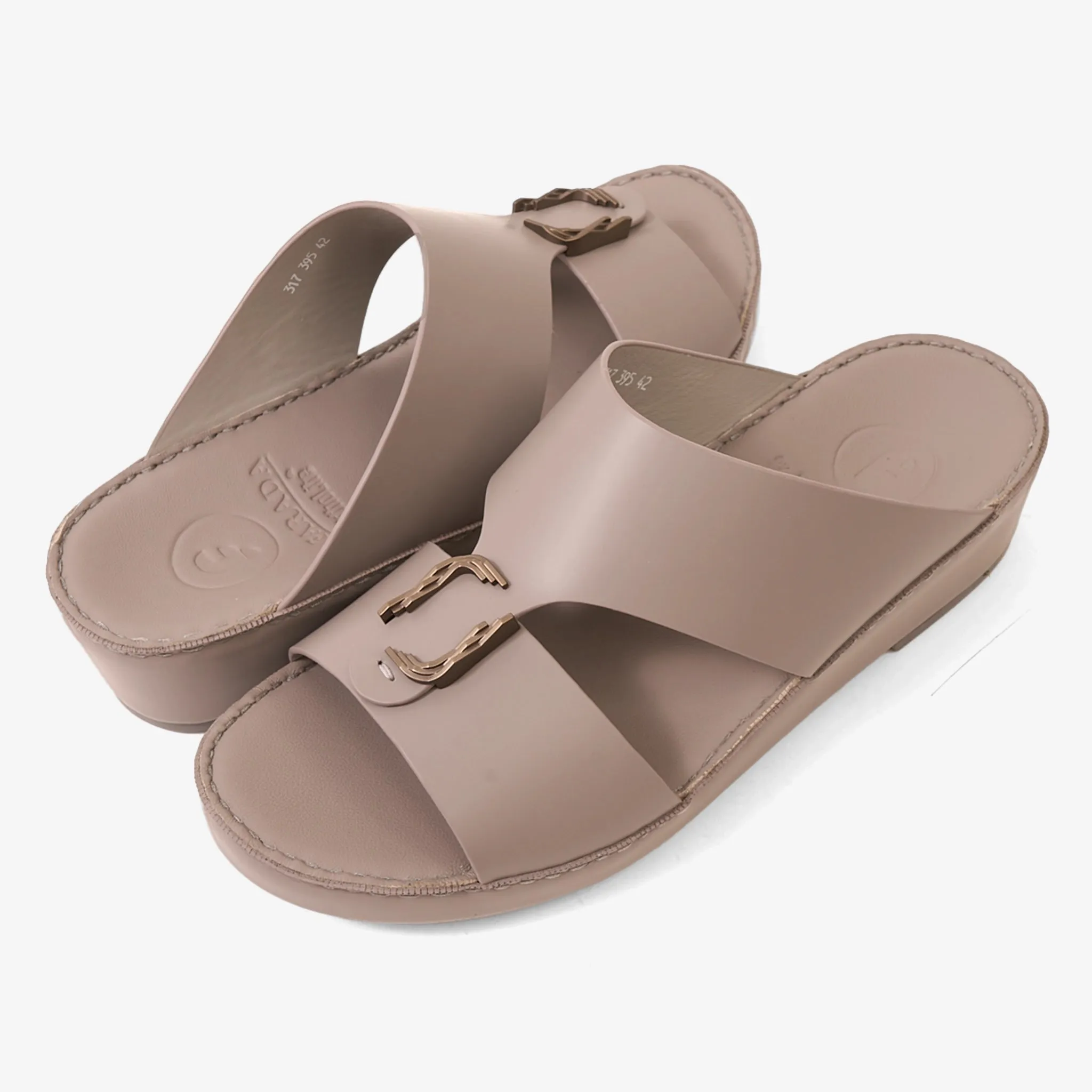 FARADA MODERN LEATHER ARABIC SANDALS WITH BRASS DOUBLE F TRIM LONDON SKY