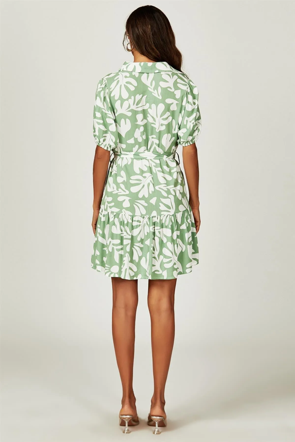 Floral Print Hem Tiered Shirt Mini Dress In Green