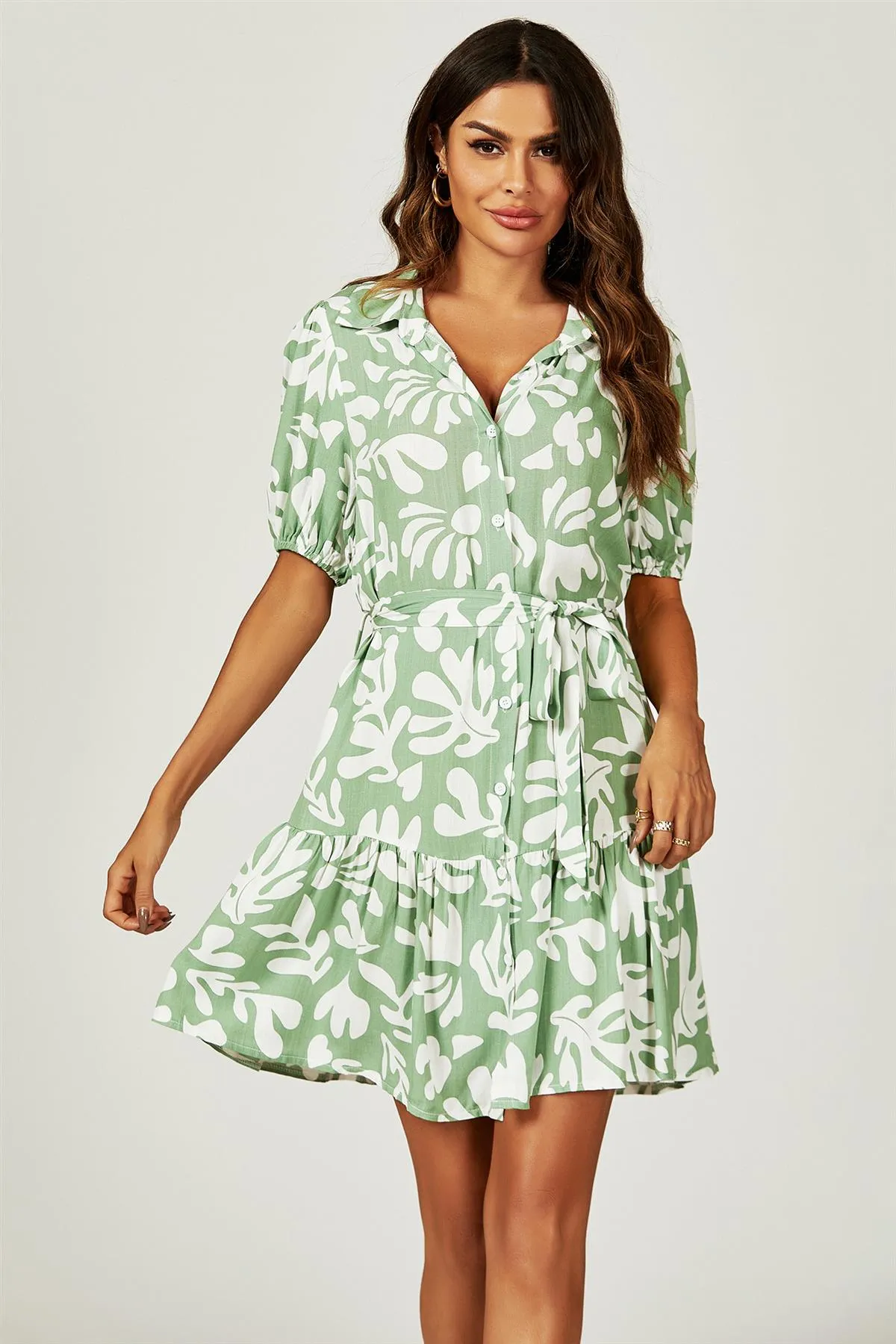 Floral Print Hem Tiered Shirt Mini Dress In Green
