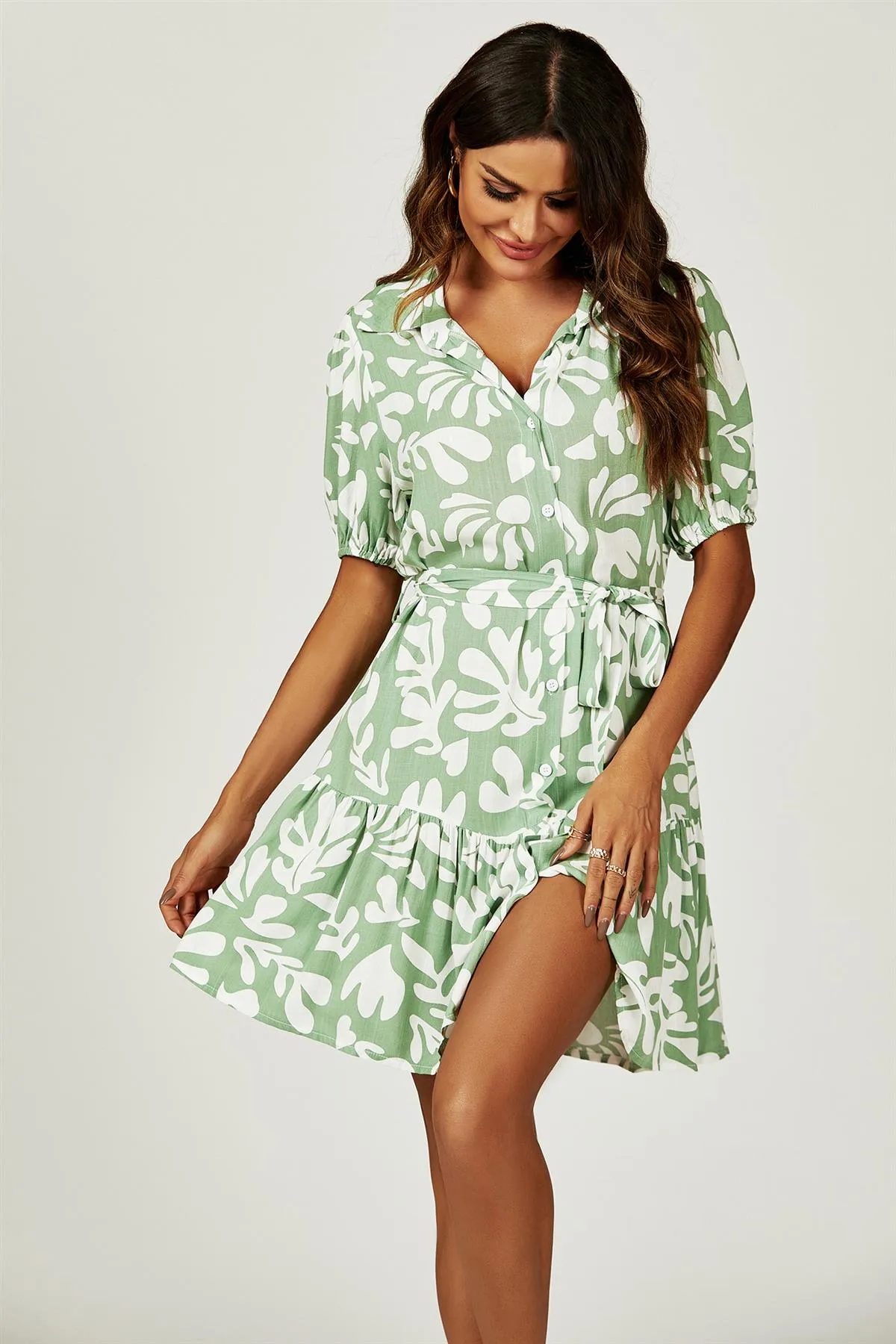 Floral Print Hem Tiered Shirt Mini Dress In Green