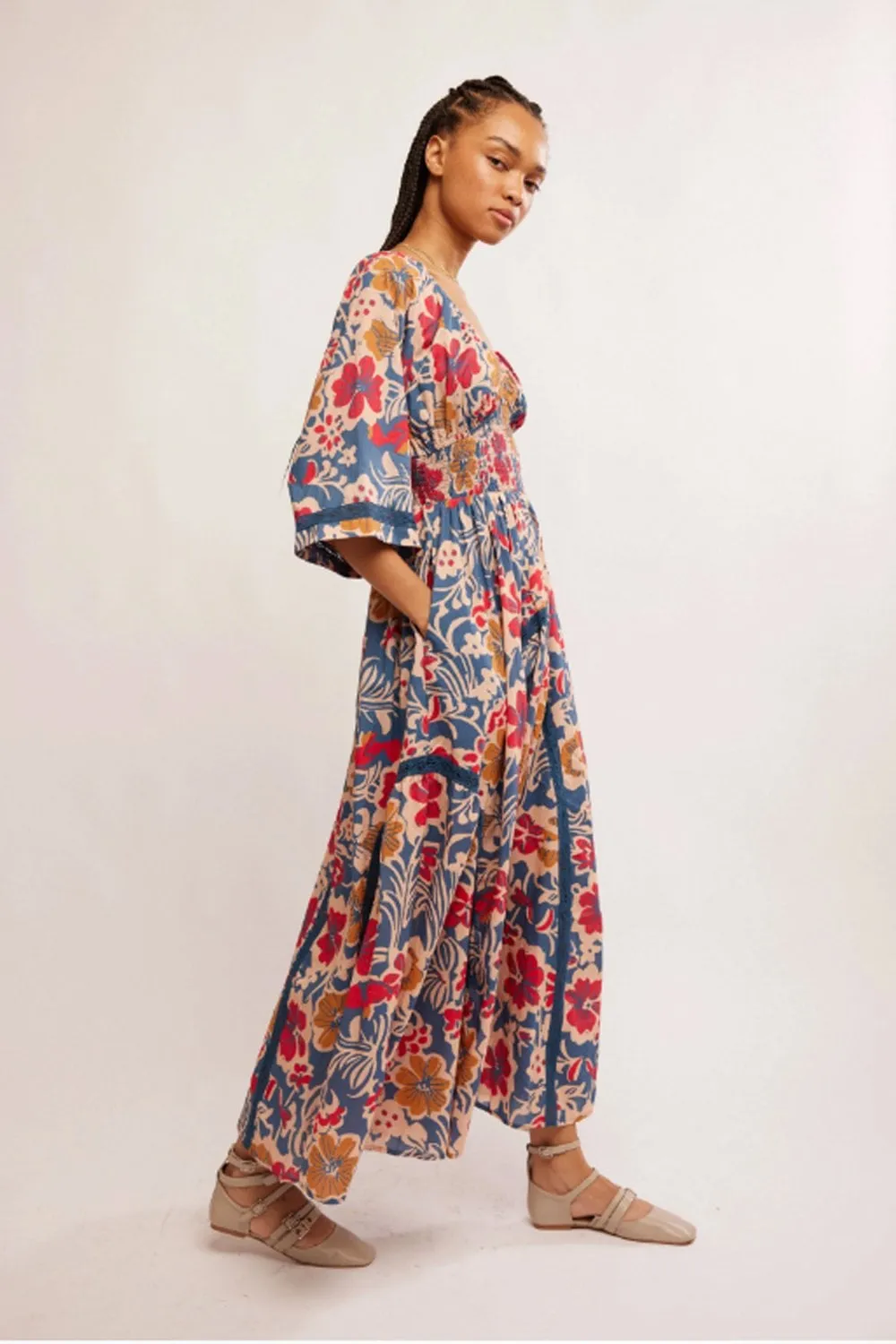 Free People Printed Dixie Maxi Dress in Vintage Indigo Combo