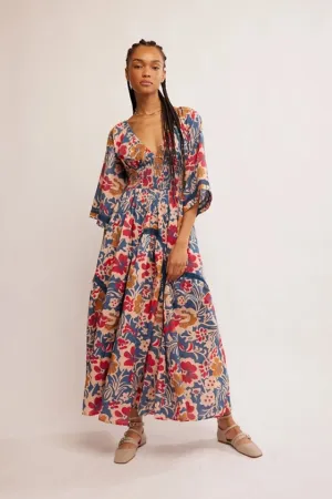 Free People Printed Dixie Maxi Dress in Vintage Indigo Combo