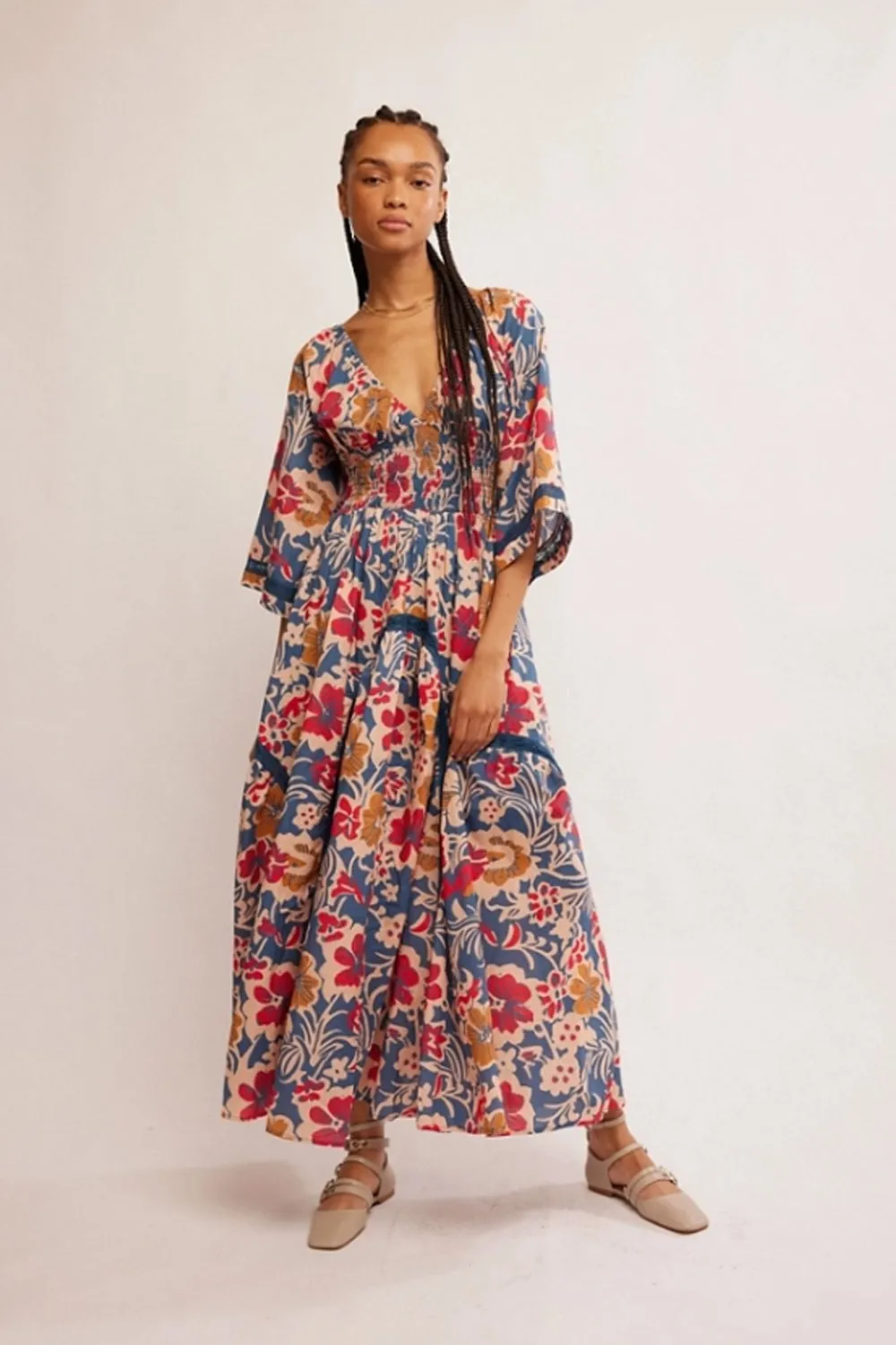 Free People Printed Dixie Maxi Dress in Vintage Indigo Combo