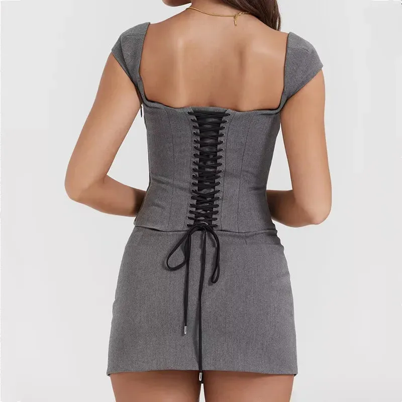Gray Laced-Up Mini Skirt Set
