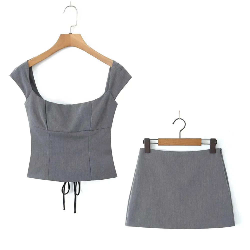 Gray Laced-Up Mini Skirt Set