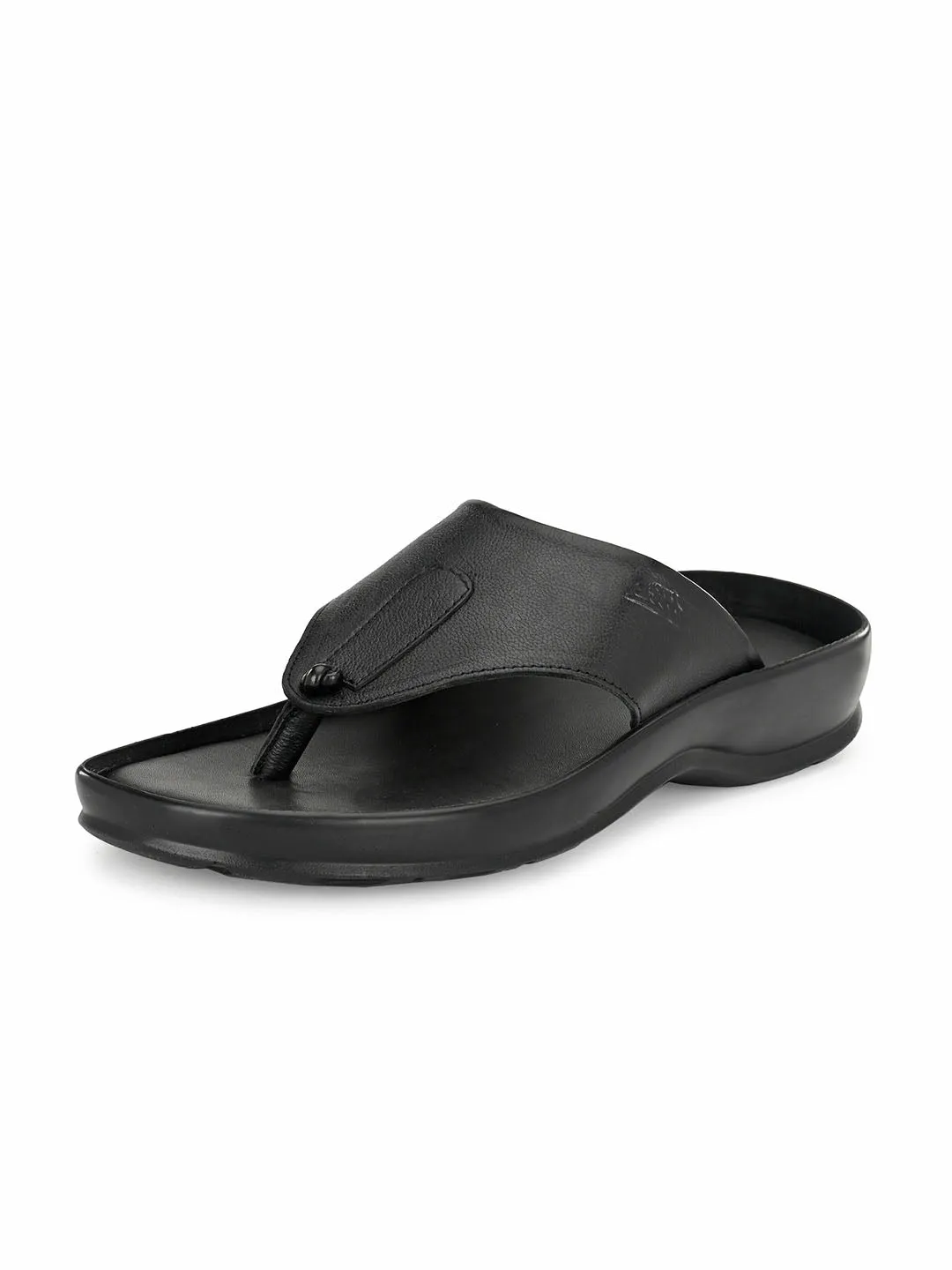 Hitz Men's Black Leather Open Toe Indoor Outdoor Comfort Slippers