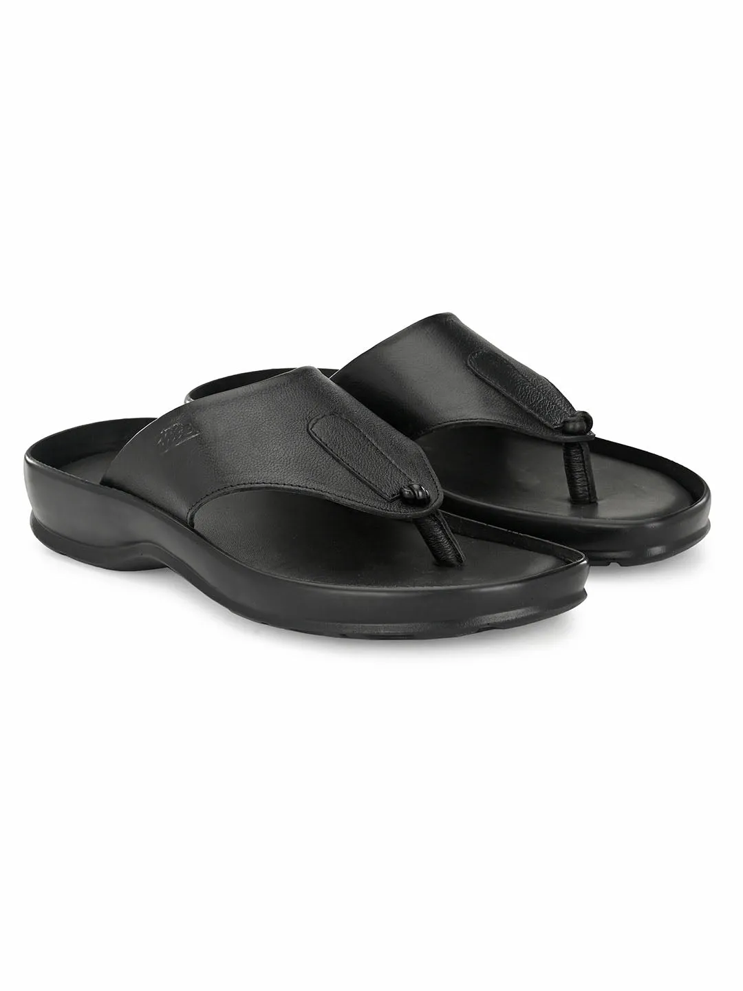 Hitz Men's Black Leather Open Toe Indoor Outdoor Comfort Slippers