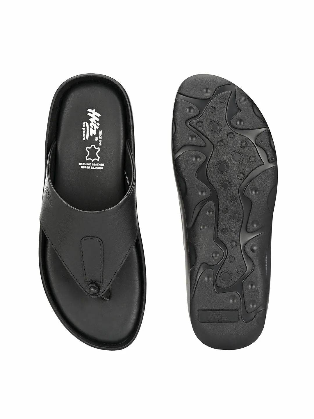 Hitz Men's Black Leather Open Toe Indoor Outdoor Comfort Slippers