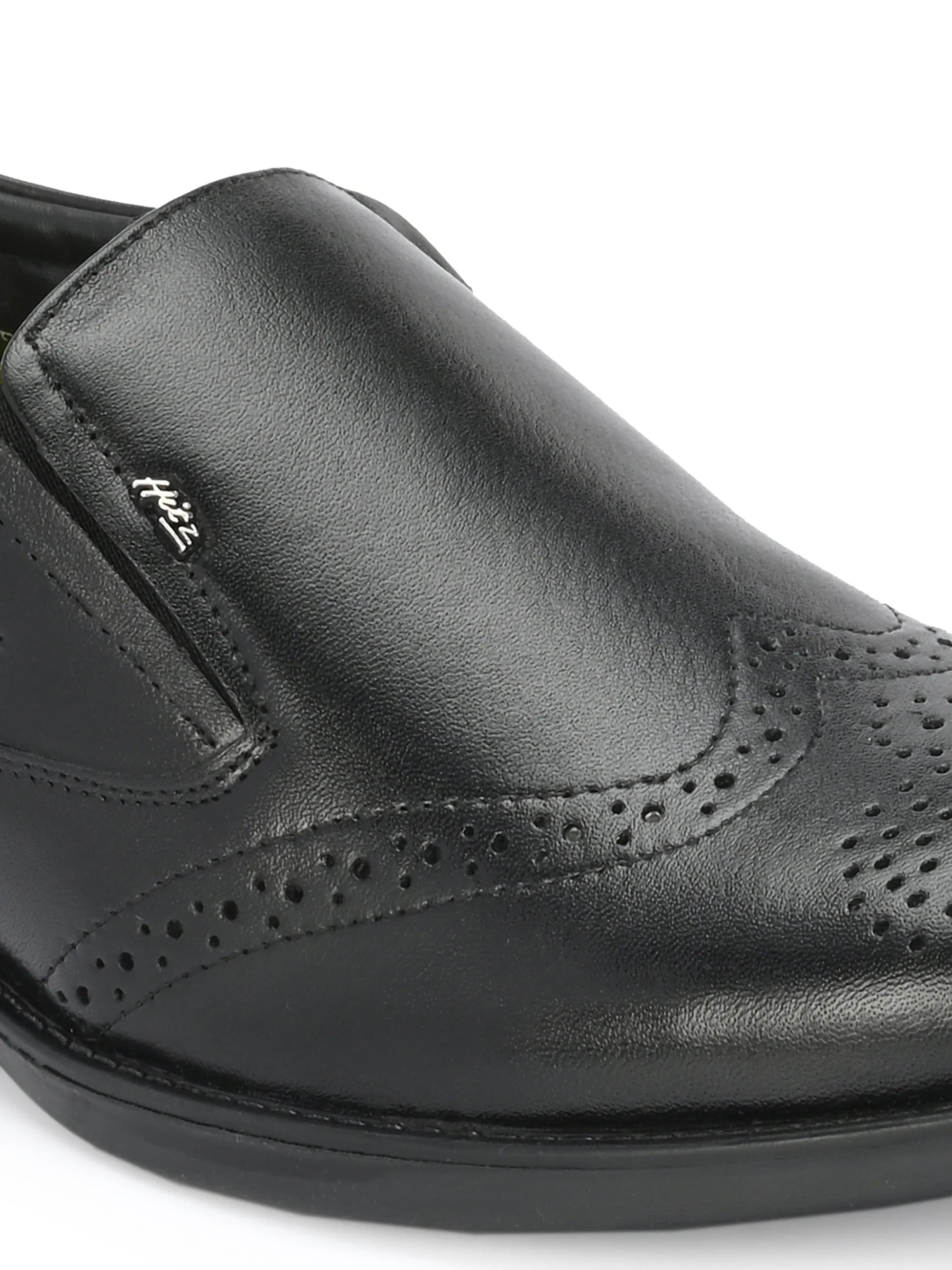 Hitz Men's Black Leather Slip On Formal Brogue Shoes
