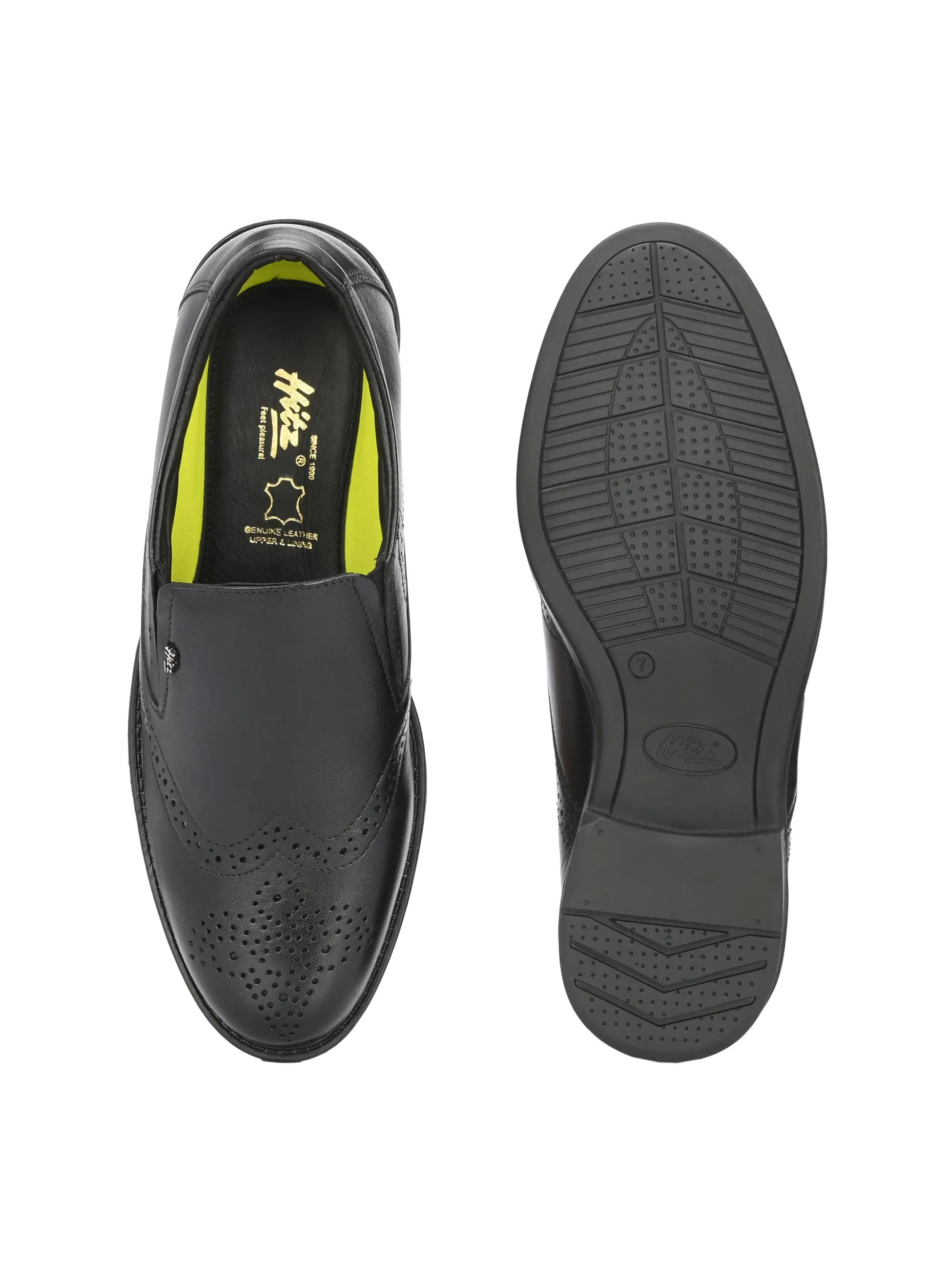 Hitz Men's Black Leather Slip On Formal Brogue Shoes