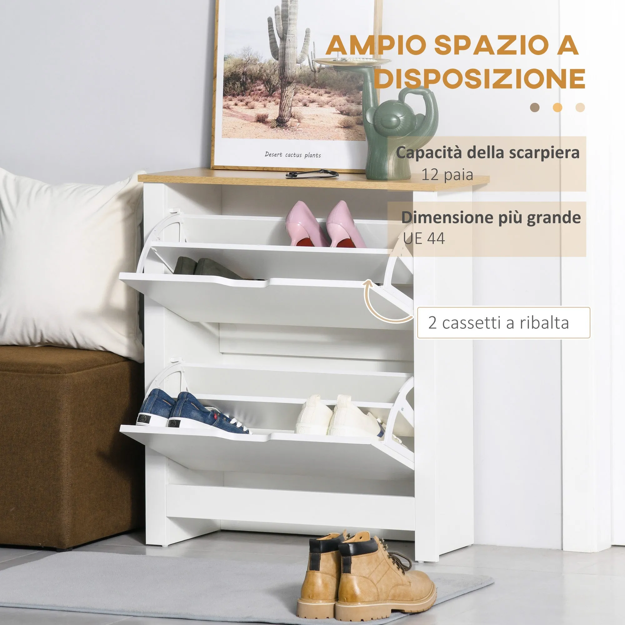 HOMCOM Modern Shoe Rack for 12 Pairs Max with 2 Adjustable and Removable Drawers, in Wood, 72x26x80 cm, White