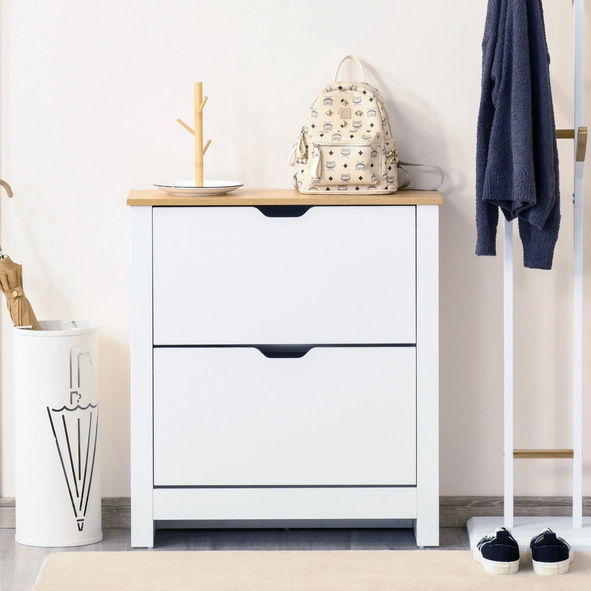 HOMCOM Modern Shoe Rack for 12 Pairs Max with 2 Adjustable and Removable Drawers, in Wood, 72x26x80 cm, White