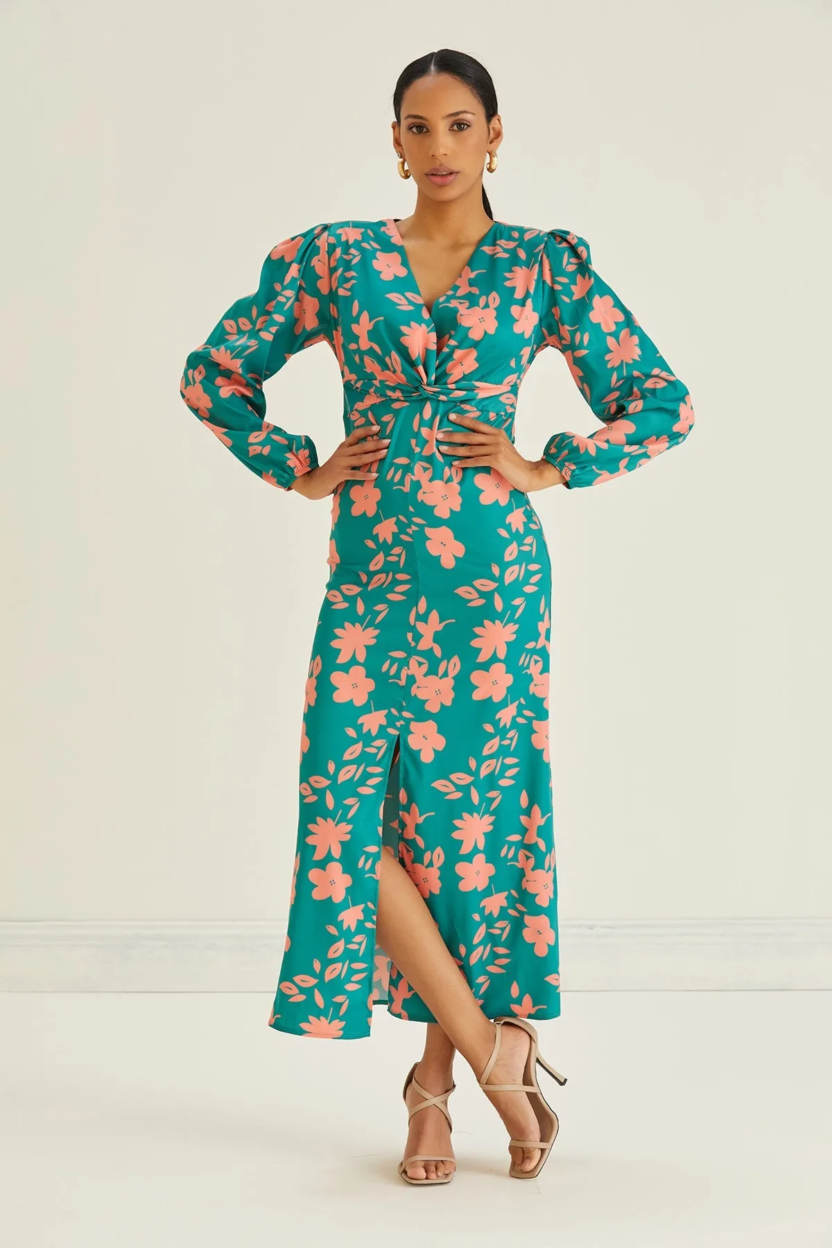 Jade Chic Twist Midi Dress in Floral Print