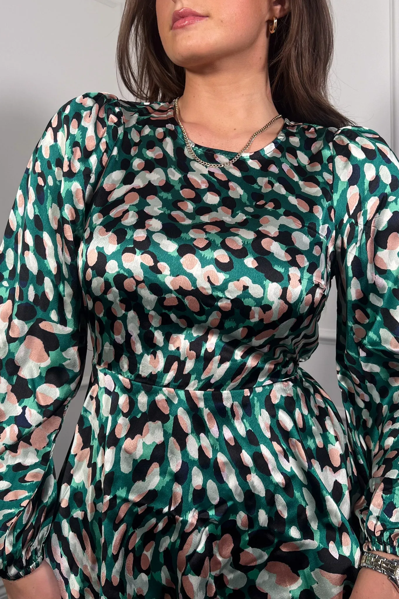 Leanna Green Animal Balloon Sleeve Peplum Top