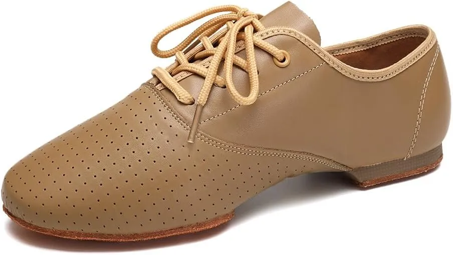 Leather Jazz Shoe for Women and Girls, Lace Up Performane Practice Dance Shoes Low Heel Split Sole