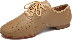 Leather Jazz Shoe for Women and Girls, Lace Up Performane Practice Dance Shoes Low Heel Split Sole