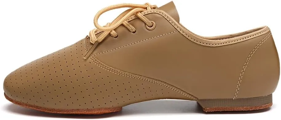 Leather Jazz Shoe for Women and Girls, Lace Up Performane Practice Dance Shoes Low Heel Split Sole