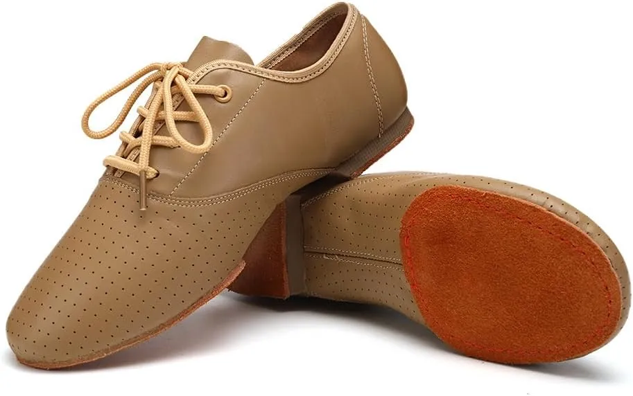 Leather Jazz Shoe for Women and Girls, Lace Up Performane Practice Dance Shoes Low Heel Split Sole