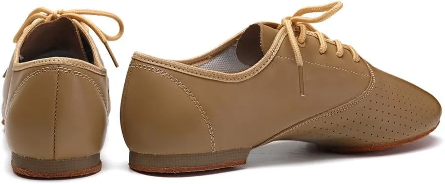 Leather Jazz Shoe for Women and Girls, Lace Up Performane Practice Dance Shoes Low Heel Split Sole
